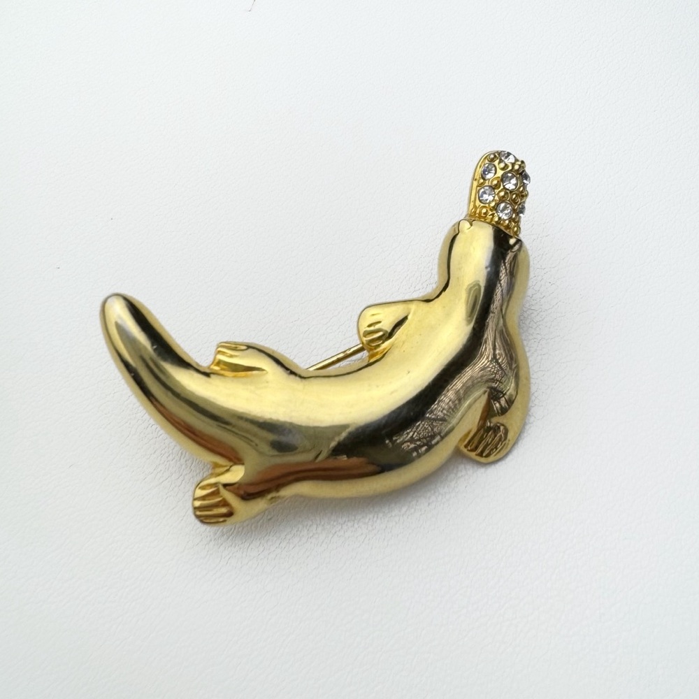 1980s Vintage Brooch Gold tone Platypus Rhinestones 80s Aquatic Sea Ocean